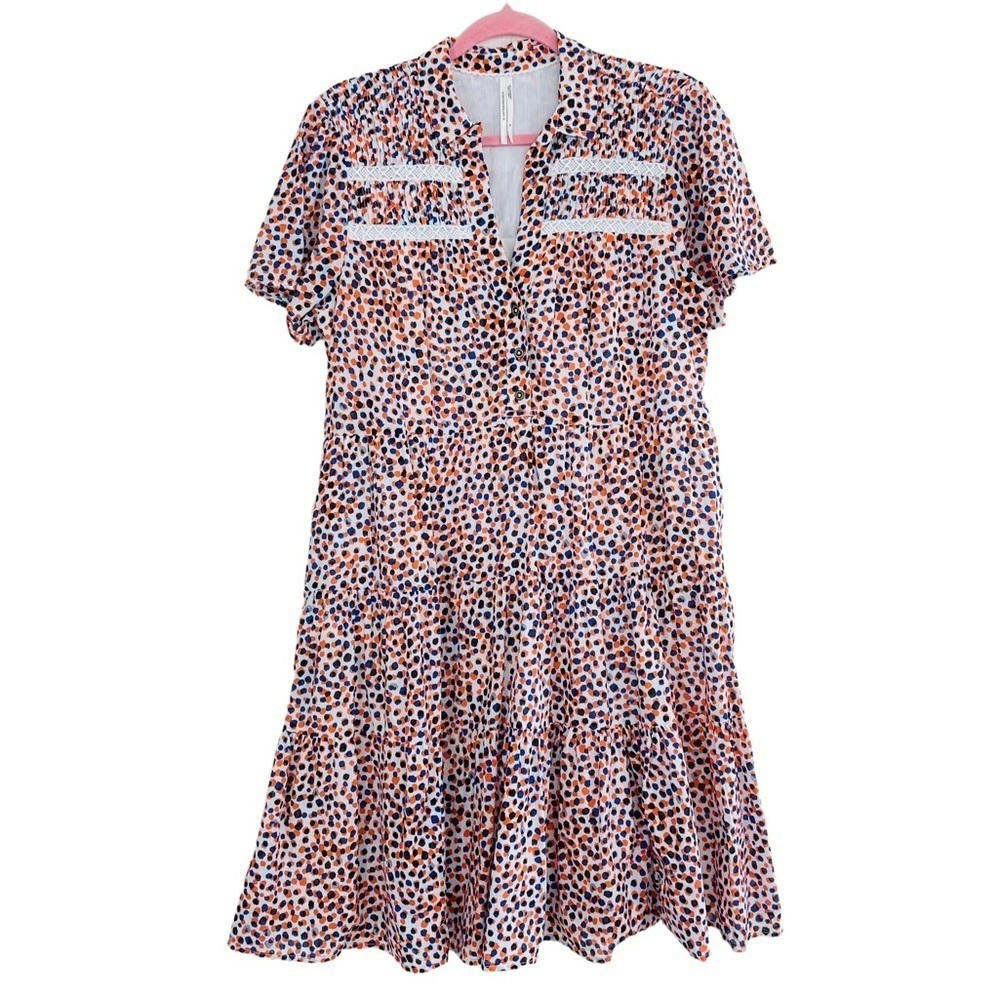 Anthropologie Georgina Tiered Shirtdress In Orange Blue Funky Dot M - Picture 11 of 14